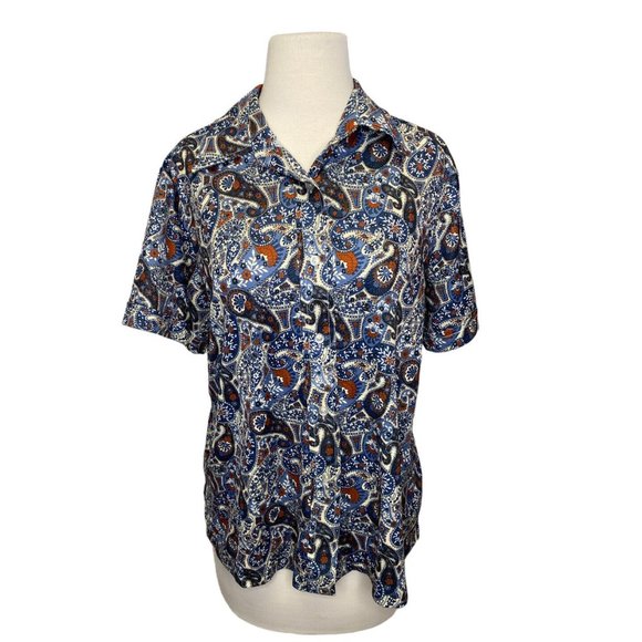 VTG 1970s Sears Disco Paisley Shirt Large 20 Women Polyester Perma Prest Blue - Picture 1 of 10
